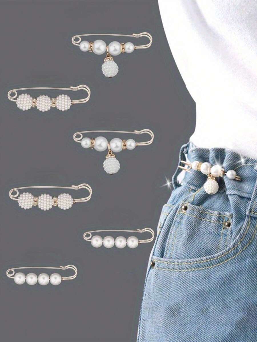 6/8/12pcs/Set Faux Pearl Safety Pins Set, Waist Clips For Pants, Shirts & Dress To Prevent Exposure