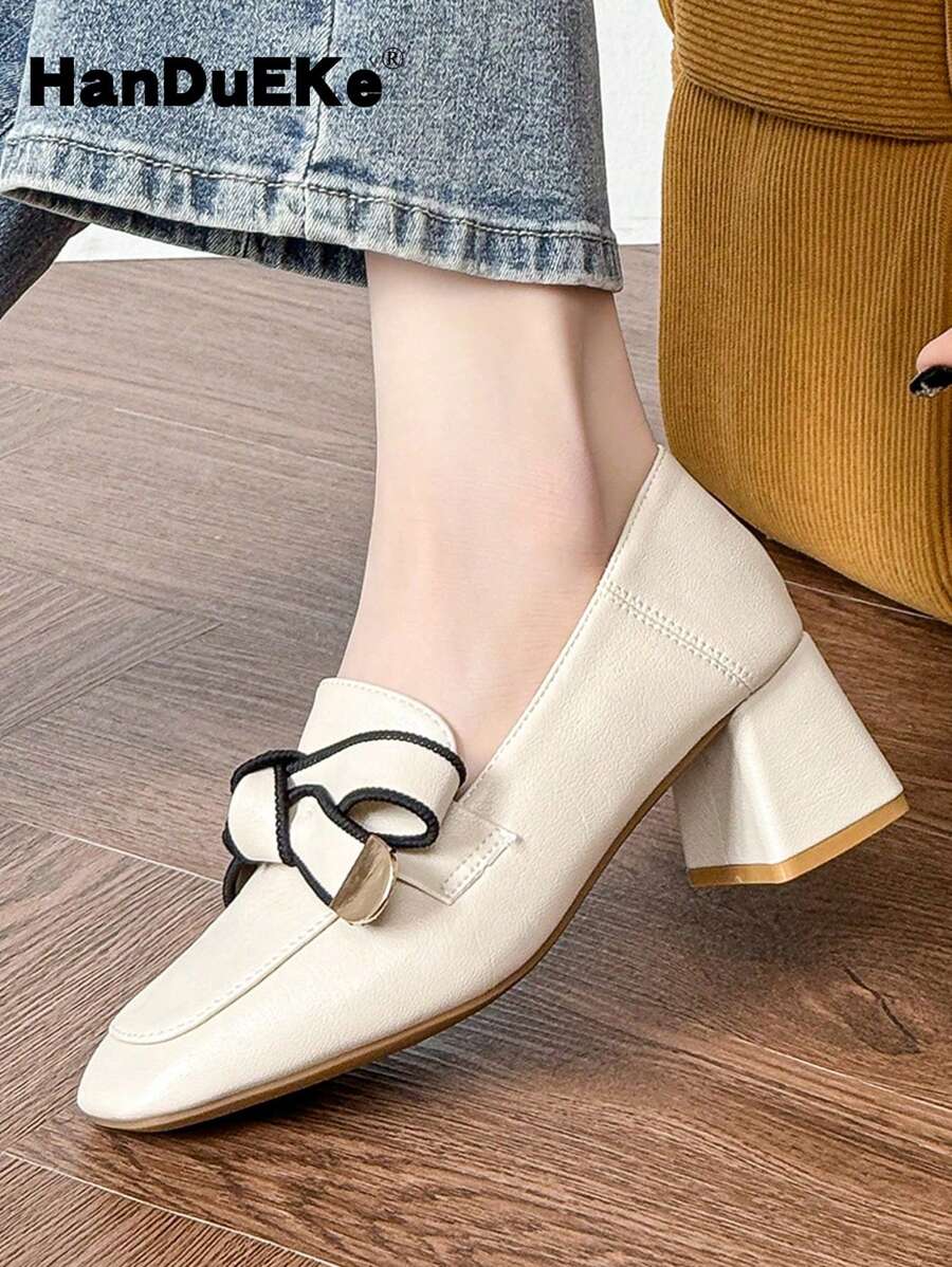 HanDuEke Women's High Heel Bowknot Loafer Flat Shoes, Retro British Style Thick Heel High Heel Pumps, Soft Leather Versatile Beige Spring/Autumn 2025 New Arrivals