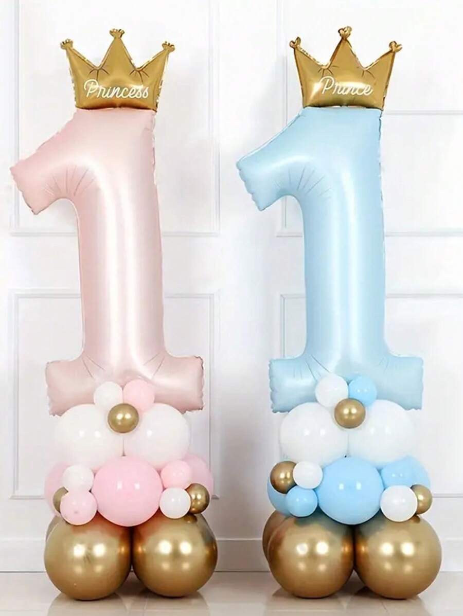 23pcs/Set Blue Pink Crown Number 1 To 9 Balloons Upright 1st Birthday Party Decorations Baby Shower Balloon
