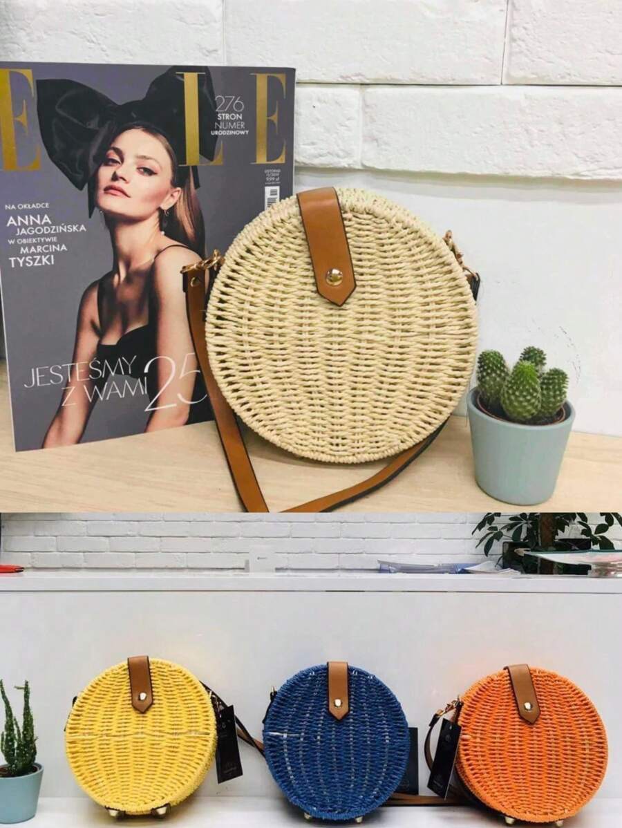 1PC rattan ombro crossbody redondo bolo saco, saco de tecido, saco de praia, saco de corda de papel florestal tecido, saco de rattan feito à mão, pode ser usado para viagens de férias, deslocamento para fora