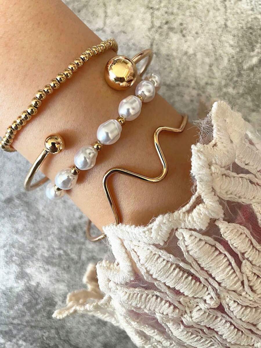 4pcs Asymmetrical Chain Faux Pearl Beaded Bracelet Set For Women, Golden Color