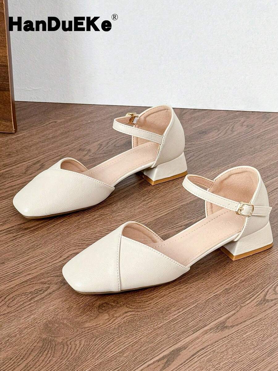 HanDuEke Women Closed Toe Sandals, Goddess Style, New Spring 2025 Student Versatile Thick Heel Toe Strap Mid Heel Flat Shoes, Milky White