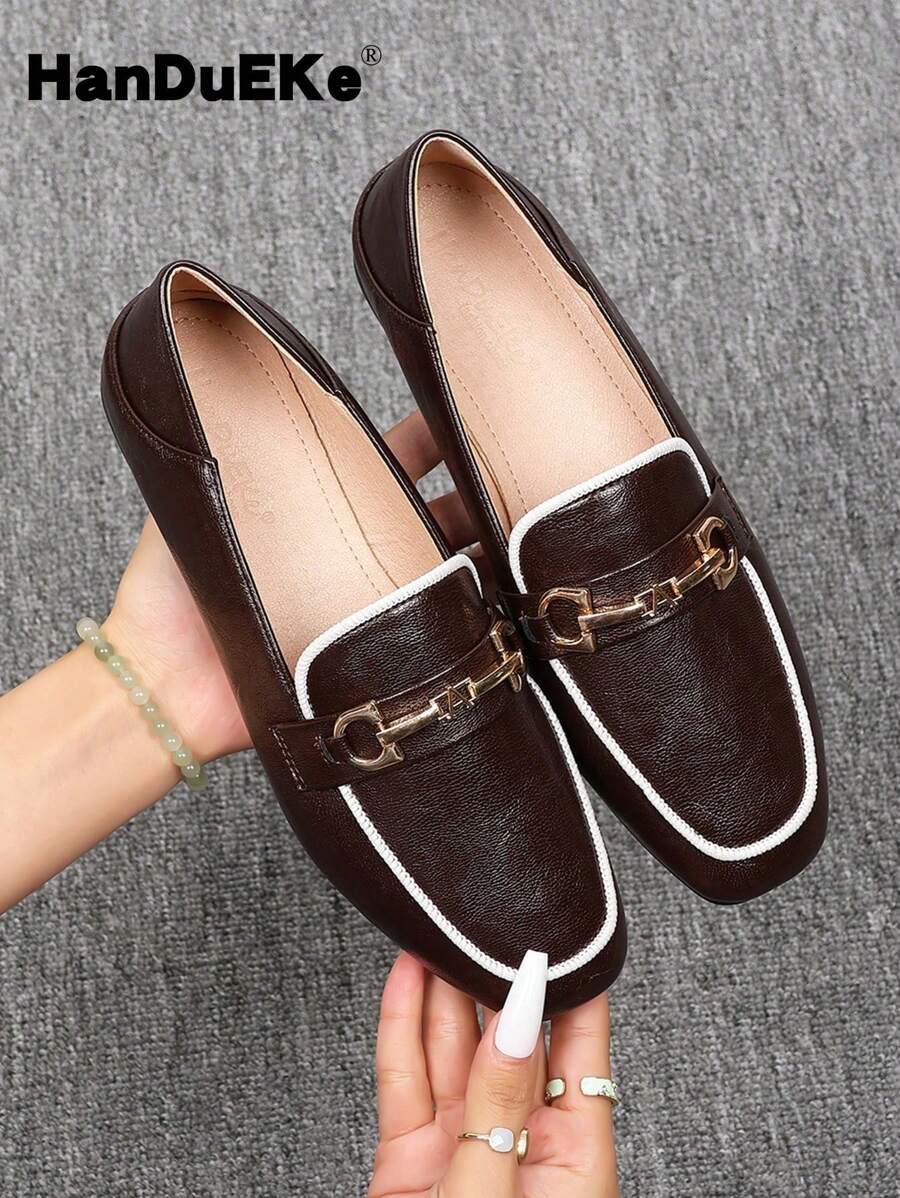 Women's Color Blocking Metal Chain Decor Square Toe Flats, French Style Comfortable Soft Leather Casual Oxfords, Brown