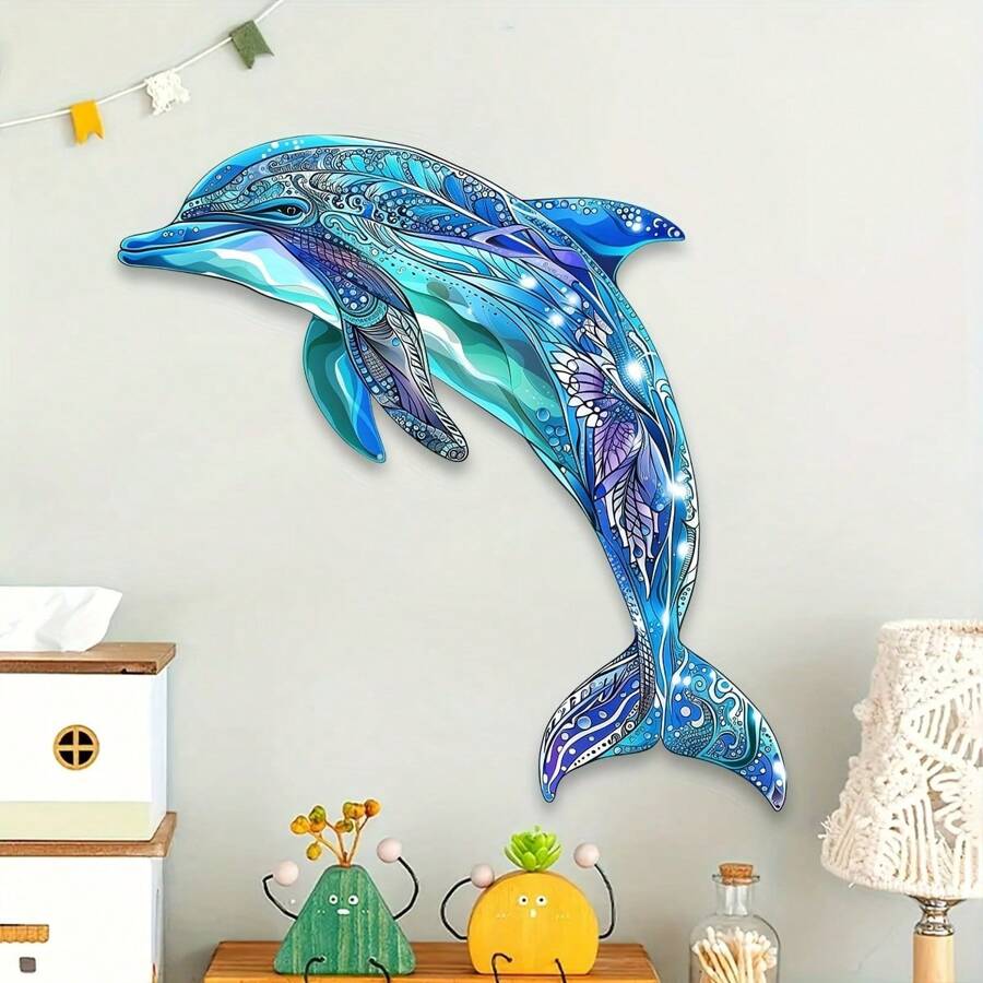 1pc Colorful Metal Dolphin Wall Art, Decorative Painted Pattern, Large Size Home Decor For Living Room And Garden, Suitable For Wedding, Party, Housewarming Gift, Ocean Room Decoration Coastal Decor Coastal Decor Beach Decor