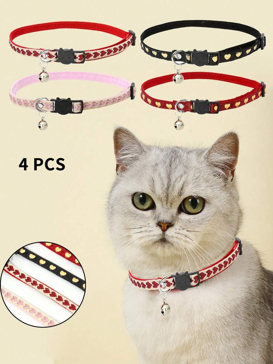 4pcs Heart Pattern Pet Collar, Soft Woven Band, Anti-Choke Safety Buckle, Metal Charm Decoration, One Size Adjustable, Suitable For Cats And Small Dogs