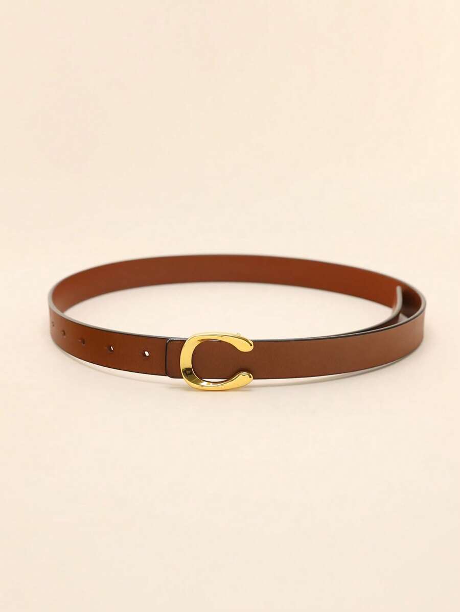 1 pezzo Cintura per donna in ecopelle marrone con decorazione in lettere e fibbia piatta dorata a forma di C, versatile corsetto in vita per valorizzare e mettere in risalto la figura, elegante