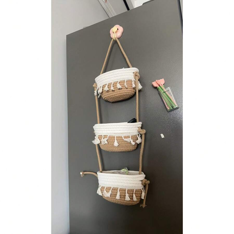 3pcs Wall Hanging Storage Basket Organizer Shelf Rack Hanging Bag Woven Cotton Wire Mesh Wall Mount Room Decor
