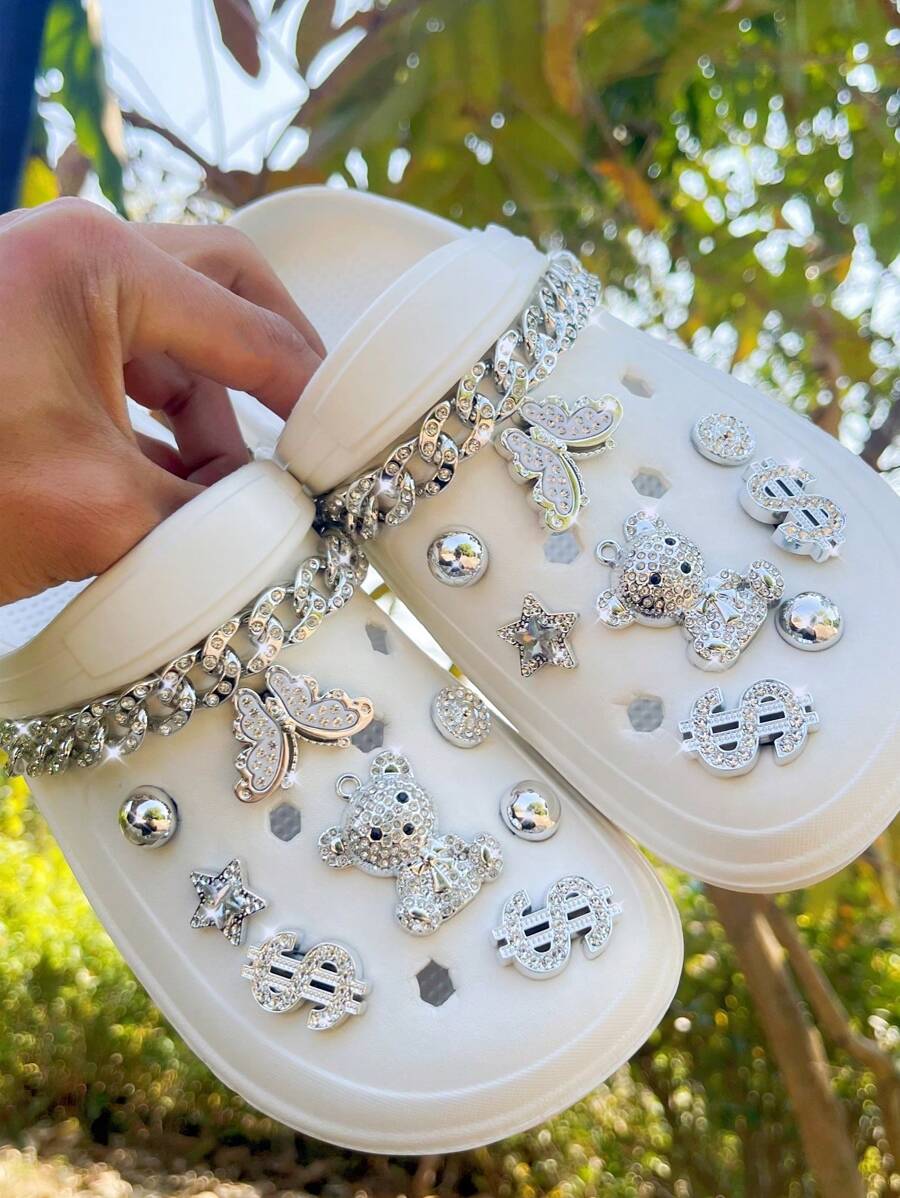 18pcs DIY Rhinestone Silver Bear & Metal Chain Decor Clips, Detachable Shoe Charms For Hollow Shoes/Sandals, All Seasons, Suitable As Gifts