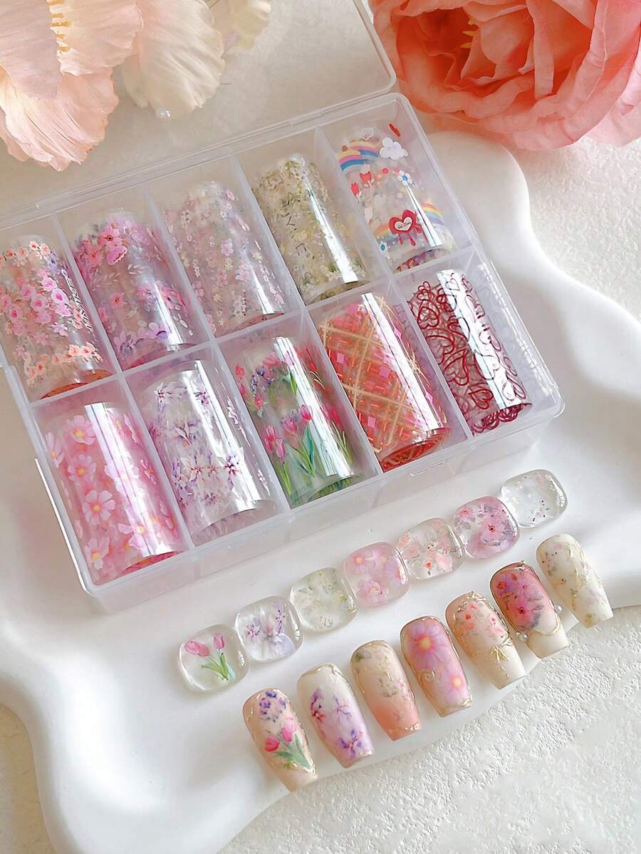 10 pièces/set Autocollants et décalcomanies pour nail art avec motifs printaniers de fleurs, de tulipes et de galaxie. Convient aux salons de manucure et à un usage personnel