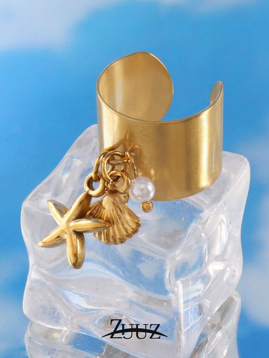 1 pièce Bague large ouverte en acier inoxydable et plastique ronde avec pendentif coquillage de perle et étoile de mer. Cadeau de bijoux charmants pour femmes, convient pour un port quotidien