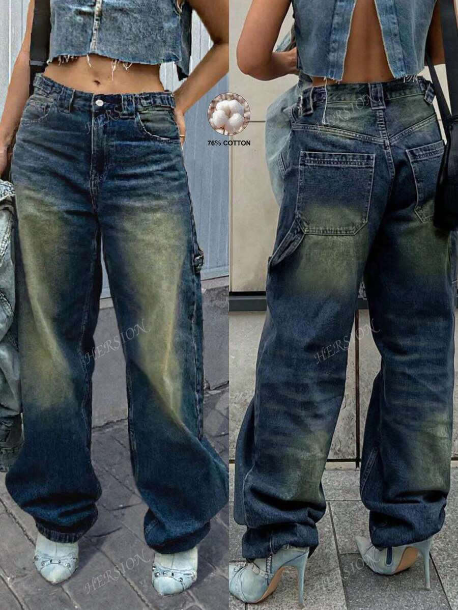 Pantaloni casual a vita alta, efetto vissuto, stile Y2K, ampi e comodi, cargo