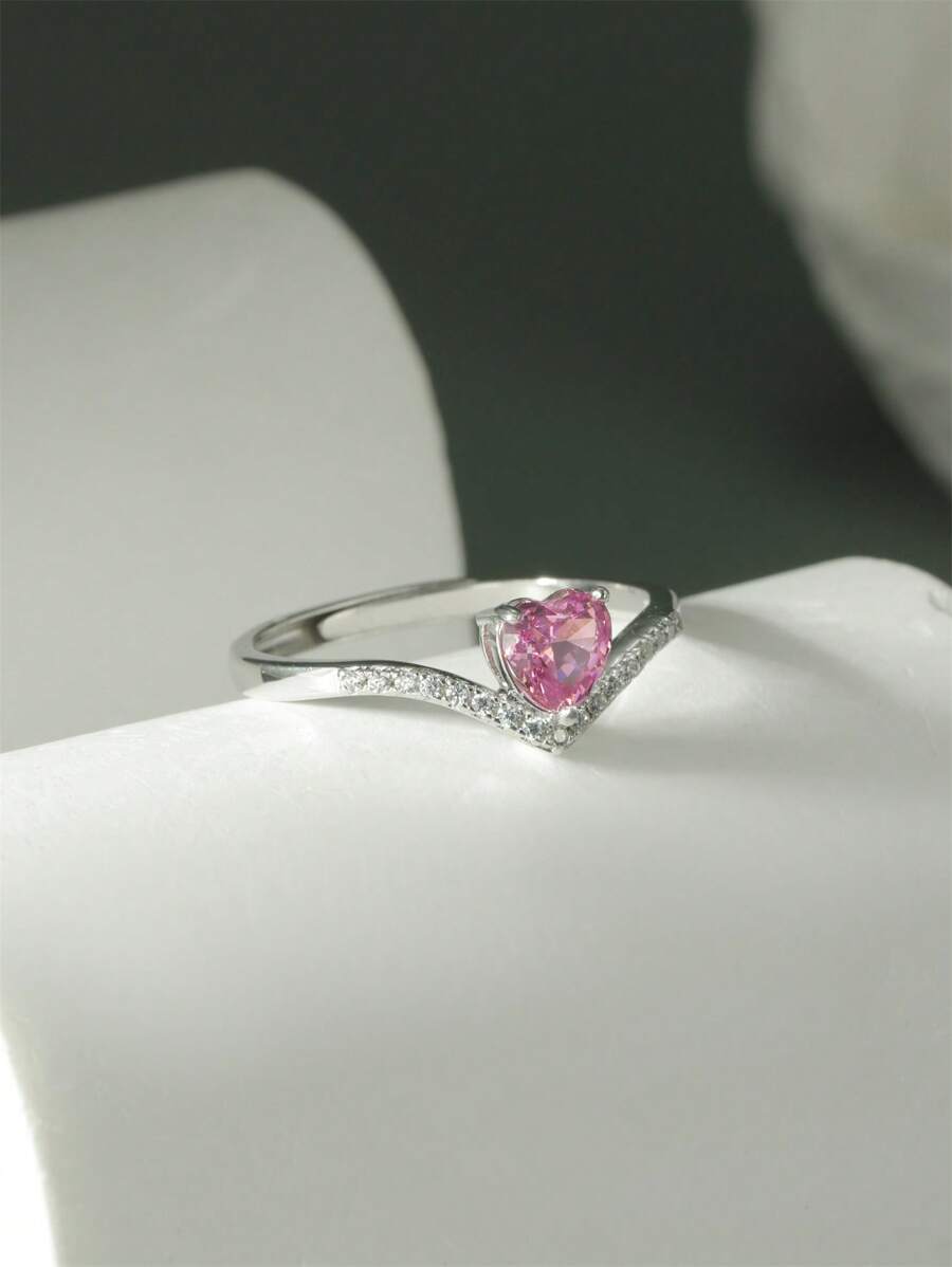 1 pieza Anillo de plata de ley 925 con forma de corazón y circonita cúbica de moda clásica para mujeres