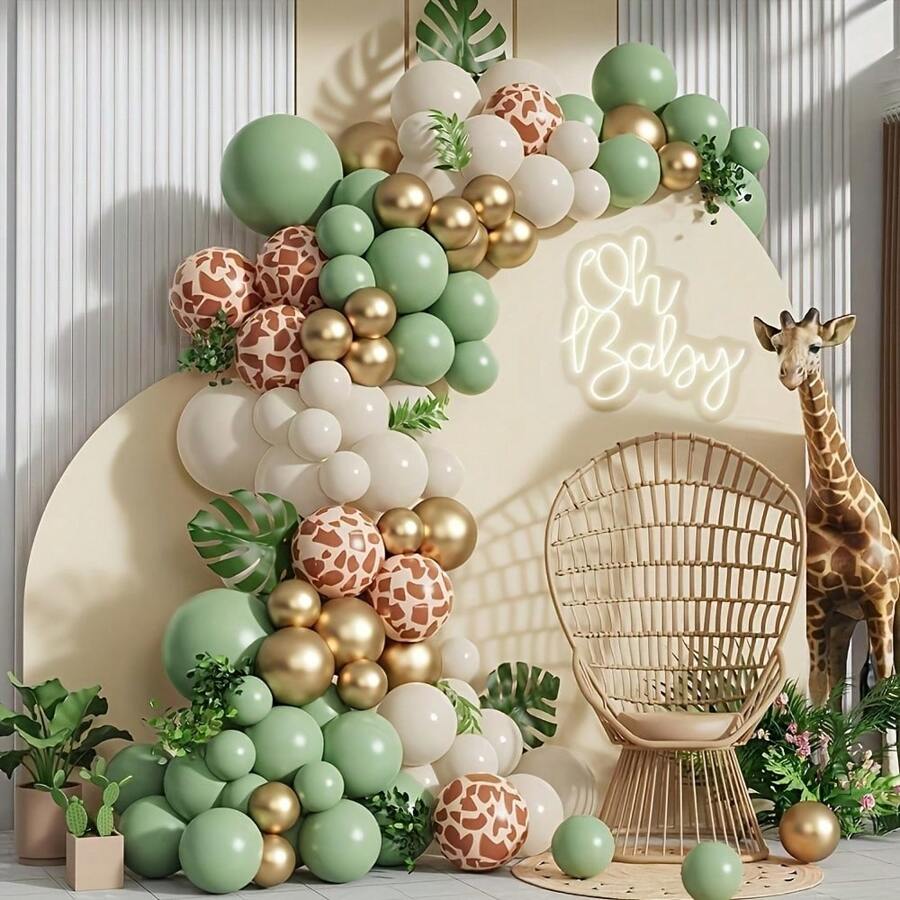 135pcs Grey-Green Balloon Garland Arch Set, Chrome Metal Gold Balloons, Suitable For Kids' /Hunting Party, Wedding, Birthday Decorations