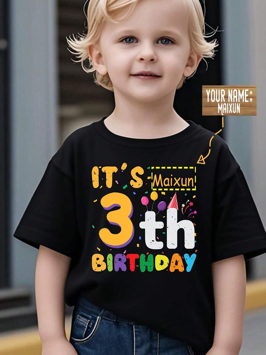 5th Birthday Party Popper, Balloons, Can Be Customized With Your Name, Letter Print Design, Boys' Sports Fashionable Short Sleeve T-Shirt, Children's Athletic Top, Fast Shipping, Black
