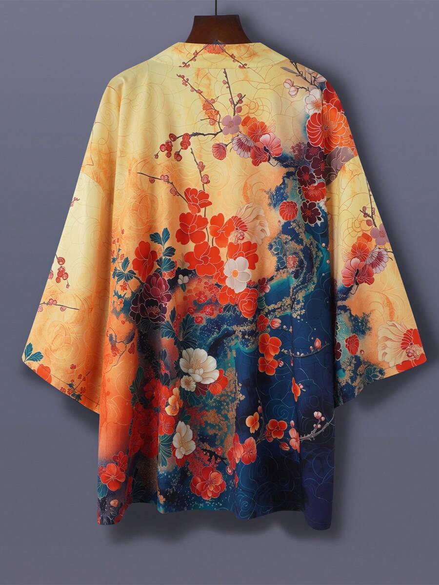 Minimalist-Style Japanese Inspired Floral Print Kimono Robe, Spring/Summer Loose Open Cardigan For Couples, Thin Jacket For Air Conditioning, Streetwear, Travel, Beach, Daily Wear, Shawl, Cultural Festival Costume