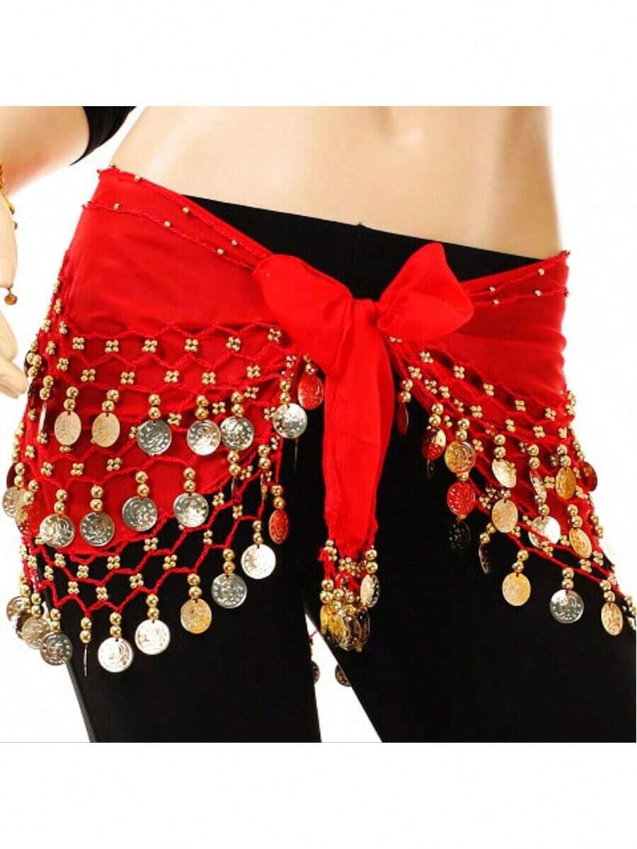 1pc Belly Dance Skirt Hip Scarf With Gold Coin Belly Dance Wrap Skirt Belt Coin Belt Dance Performance Costume Music Festival Halloween Party Belly Dance Yoga Class Red
