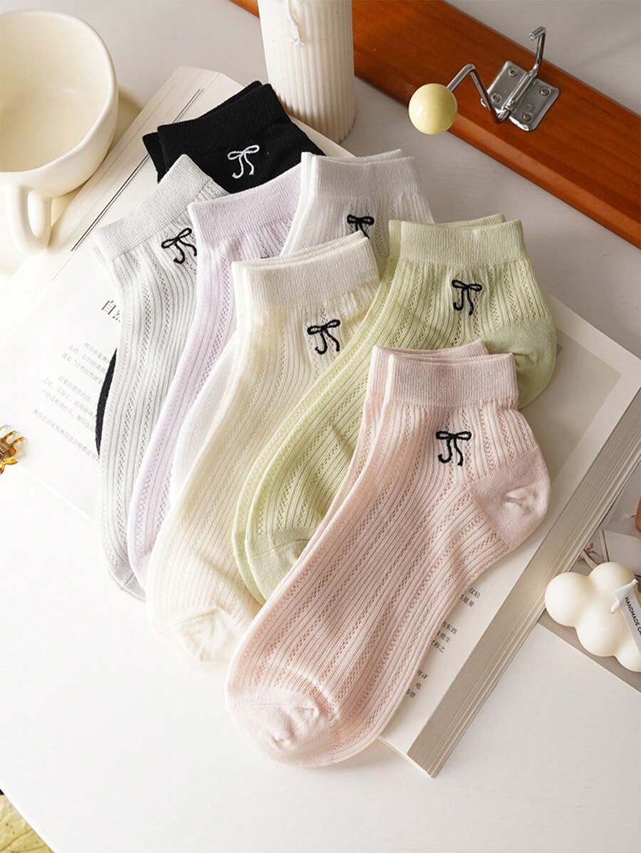 5 pares de calcetines de tobillo transpirables y que absorben la humedad con acento de lazo de estilo primavera/verano en colores aleatorios