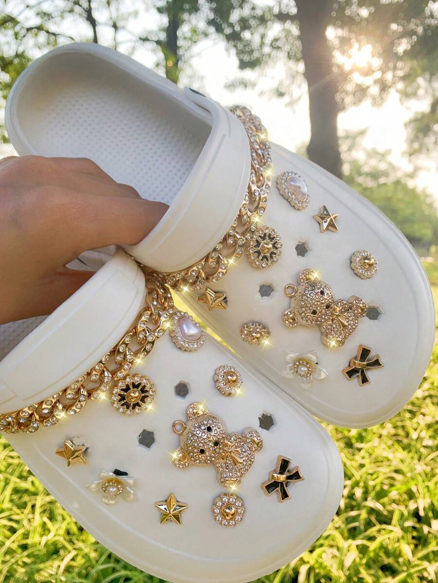 Set de 20 piezas Decoración con cadena de oso dorado de rhinestone completo para zapatos de jardín DIY, accesorios extraíbles para sandalias/pantuflas de estilo campus, adecuado para todas las temporadas y regalos festivos