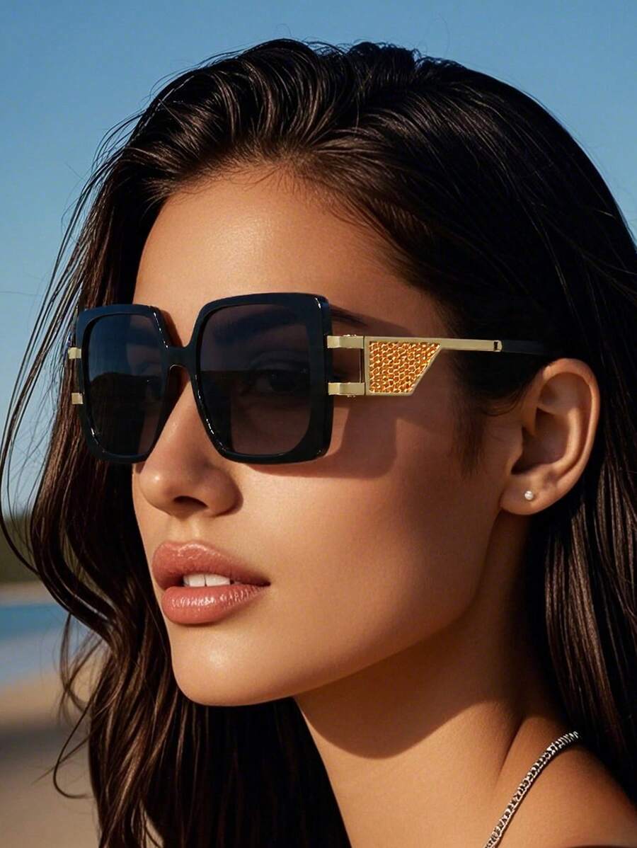 1pc Women Fashionable Square Glasses With Vintage Metal Temples, Pink Color, Suitable For Summer Travel, Beach & Vacation For Summer Beach Vacation,Outdoor,Travel