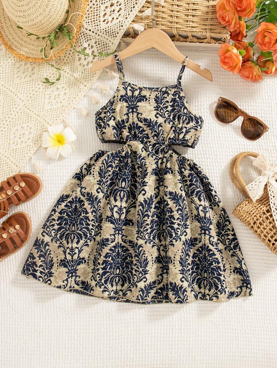 Vestido sin mangas con estampado floral y diseño calado para niña en vacaciones