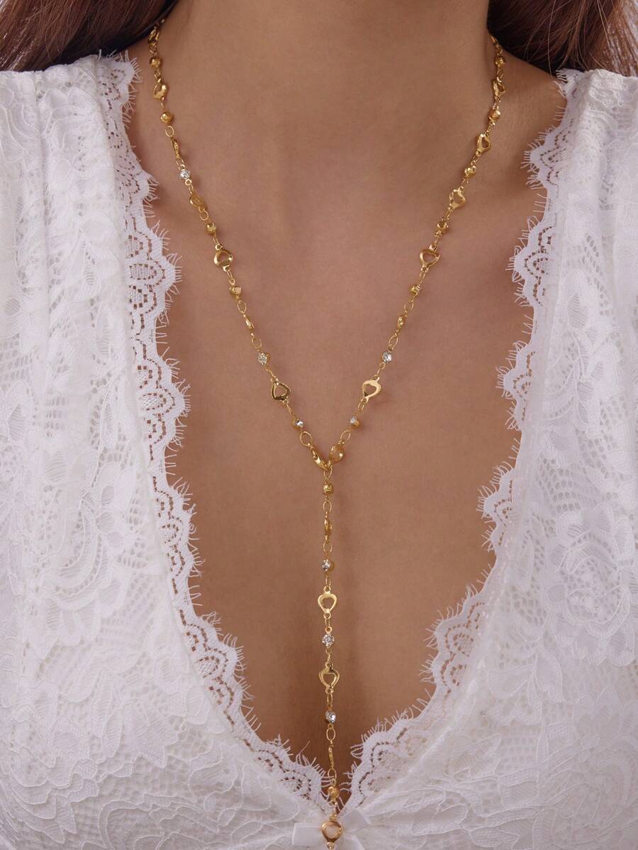 1 pièce Collier pendentif en forme de Y à cœur creux de style minimaliste et frais avec des strass, idéal pour la Saint-Valentin, la mère, la mère, la fête des mères, cadeau