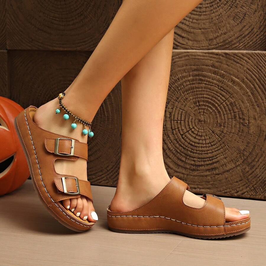 Women's Black Open Toe Slides With Dual Buckle Straps - Comfortable Thick Sole, Durable, Breathable, Non-Slip, Wear-Resistant, Spring/Summer Casual Shoes, Outdoor Slippers, Slouchy Flat Sandals | Dual Buckle Design | Synthetic PU Leather