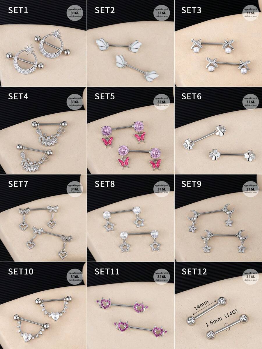 2pcs/Set Cute Sexy Heart Rhinestone Nipple Rings Nipple Nails Stainless Steel Faux Pearl Nipple Rings Bow Moon Star Nipple Stud Ball Pink Butterfly Nipple Barbell Rings Clover Nipple Piercing Jewelry For Women & Men For Dating Party Valentine Jewelry Valentine Nipple Piercing Jewelry Christmas Halloween Gift Valentine's Day Night Out Social Gatherings Daily Wear