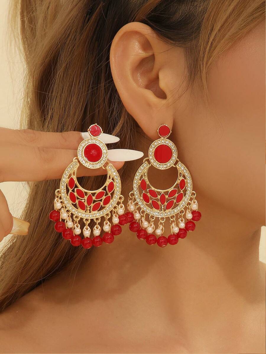1 Pair Luxury Elegant Chand Bali Bohemian Style Crystal Rhinestone & Faux Pearl Tassel Drop Earrings, Fashionable Earrings Suitable For Women's Daily, Festival, Wedding And Party Wear/Jewelry Gift