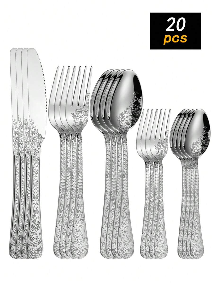 Ensemble de 20 pièces de couverts en acier inoxydable, comprenant couteaux, fourchettes et cuillères. Ensemble de couverts occidentaux convenant pour la maison, la cuisine, le restaurant, l'hôtel et les mariages. Ensemble d'ustensiles de cuisine.
