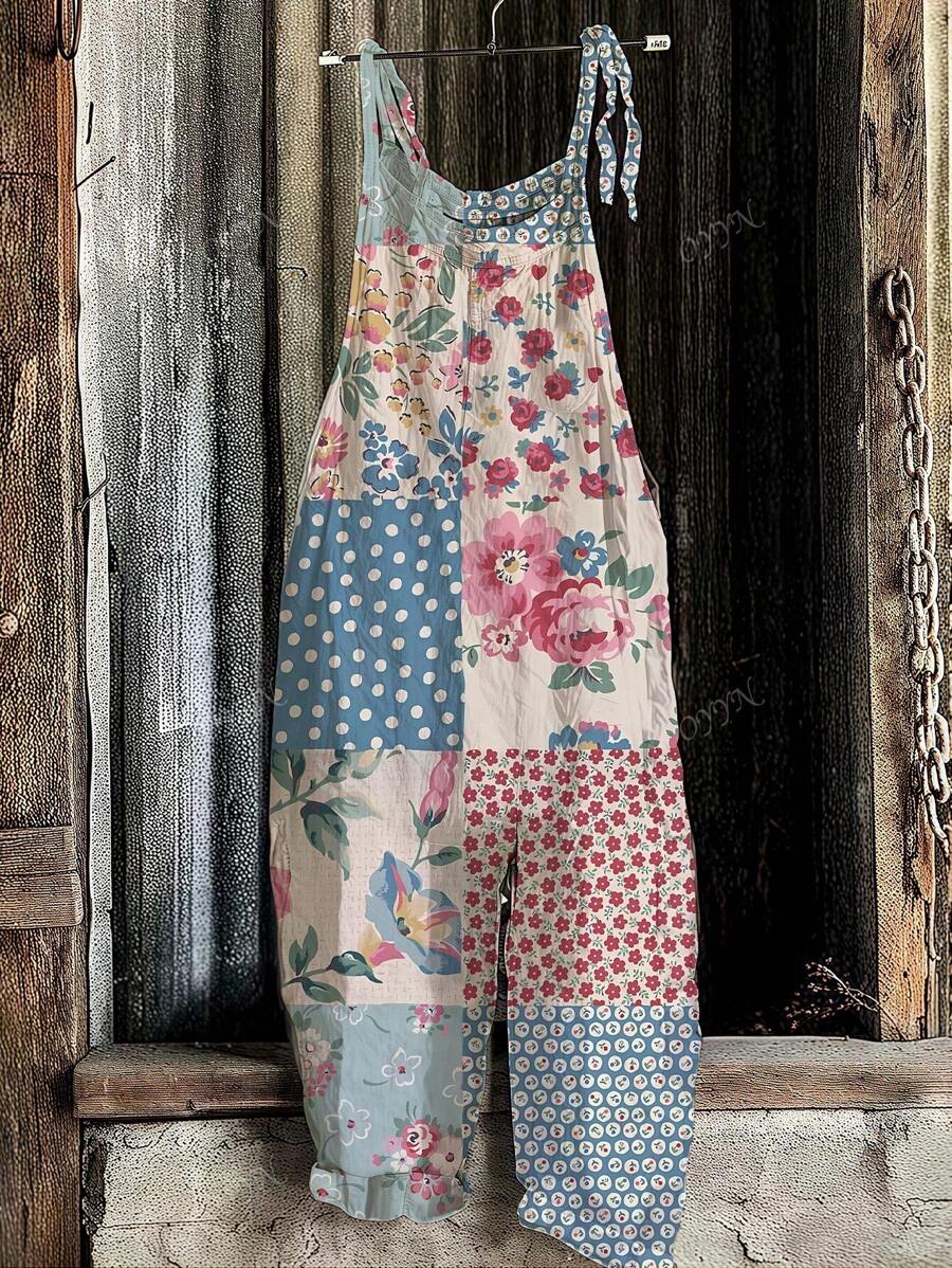 Women's Sleeveless Jumpsuit Fashion Print | V-Neck Waist Tie Design | Casual Comfort Polyester Blend Romper For Vacation, Beach, Summer Outfits - Lightweight
