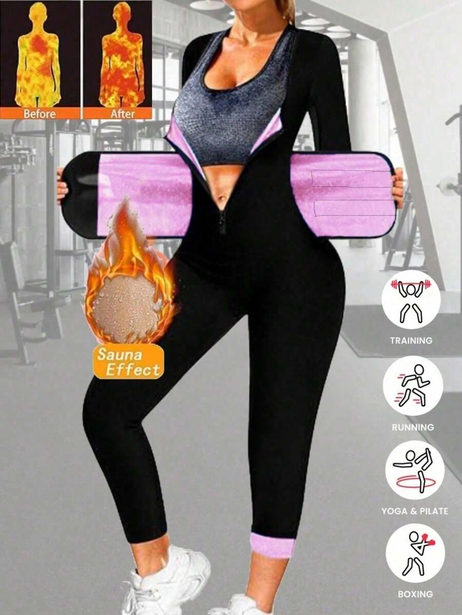 3 w 1 Sauna Dres Sportowy Trener Talii Dla Kobiet Kontrola Brzucha, Pełne Ciało Modelujące Spodnie Wyszczuplające Spodnie Dresowe Pas Leginsy Gorset Długi Rękaw Kombinezon Treningowy Damskie Zestawy Akcesoria Do Siłowni