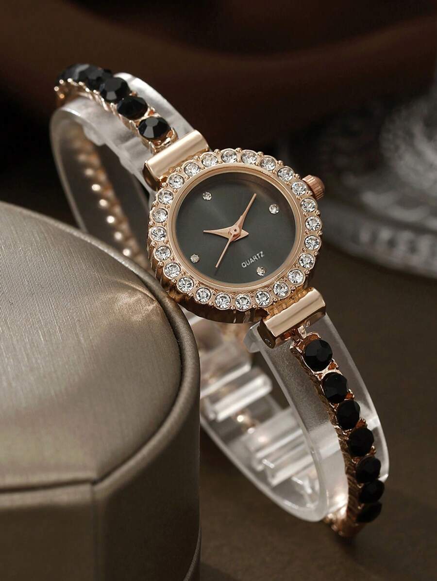 1 pièce Montre bracelet femme en alliage avec boîtier et cadran rose à cristaux et strass, élégante montre à quartz réglable