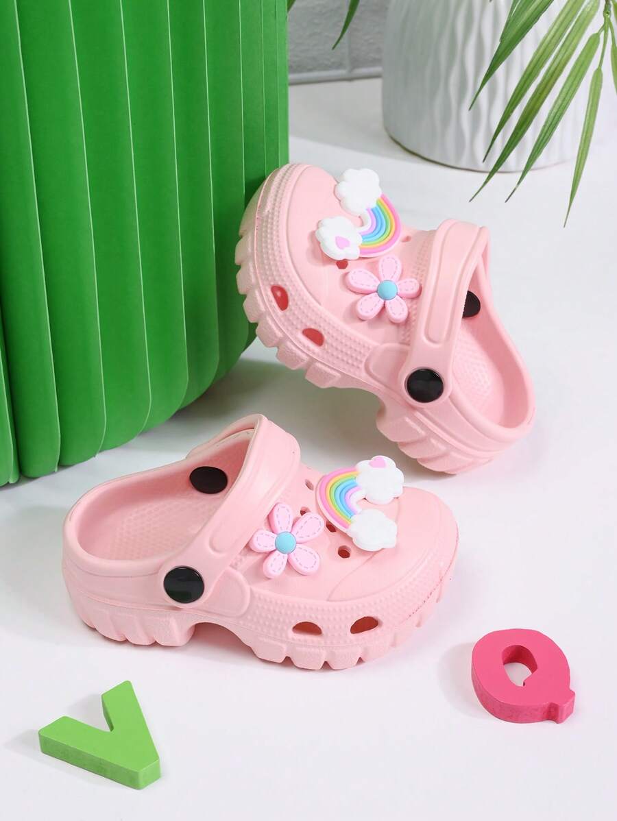 New Kids Girls Boys Hollow Out Flat Non-Slip Slip On Sandals, Fastener Adjustable Cute Rainbow & Floral Pattern, Versatile Summer Beach Slippers For Holiday