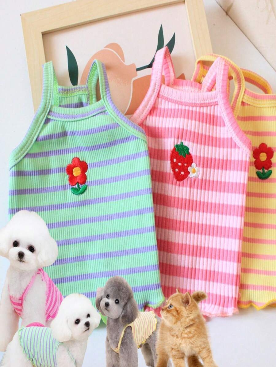 1pc Rainbow Striped Sleeveless Pet Vest For Cats & Small Dogs, Lightweight & Breathable Polyester Fabric, Suitable For Summer, With Embroidered Pattern