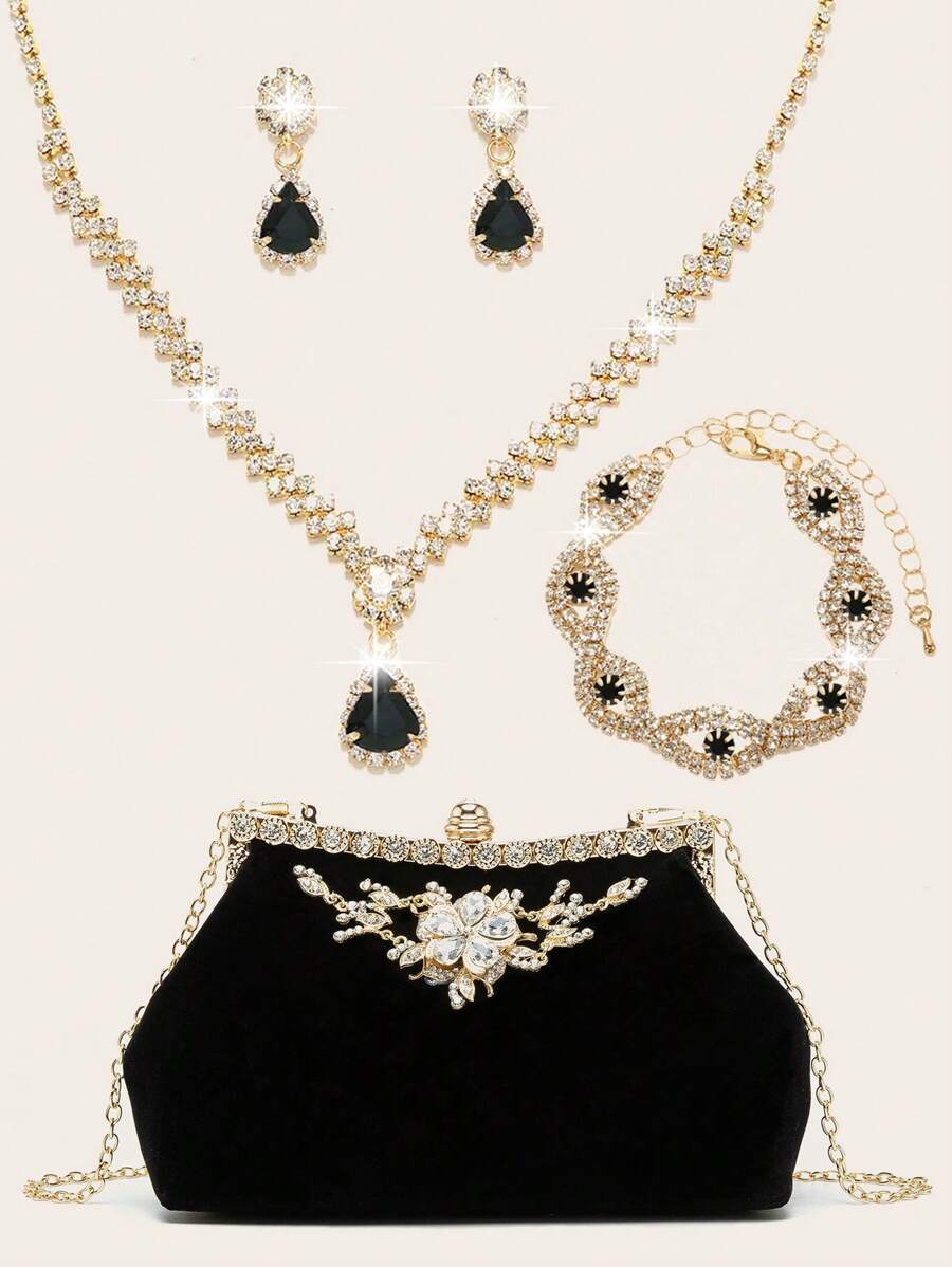 Conjunto de joyas de mujer con cristales de aspecto brillante, lujoso conjunto de joyas con cristales de agua que incluye collar, aretes y pulsera. Bolso de fiesta suave con cristales tallados. Bolso de mujer de fiesta personalizado para novia y boda, bolso elegante y brillante.
