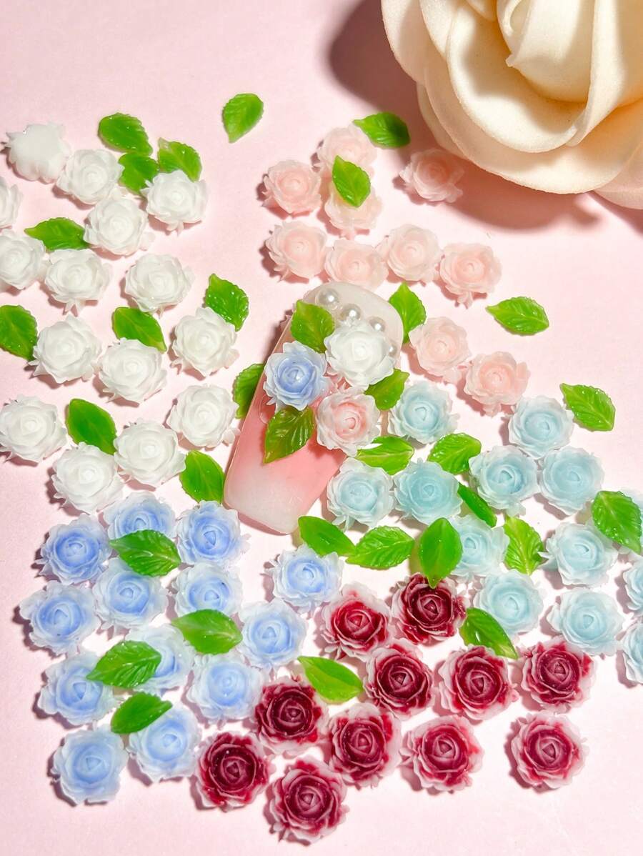 60 piezas Juego de decoraciones para arte de uñas con camelias de 8 mm en rosa/blanco/azul/rojo, decoraciones planas de resina adorables para diseño de uñas, ideales para encanto de uñas de verano, decoración de fundas de teléfono, populares en Japón y Corea, suministros de arte de uñas
