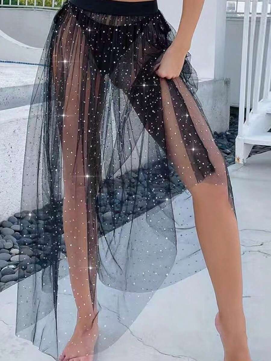 Rochie de petrecere pentru club de noapte, la modă europeană și americană, fustă lungă sexy transparentă, fuste versatile pentru petrecere