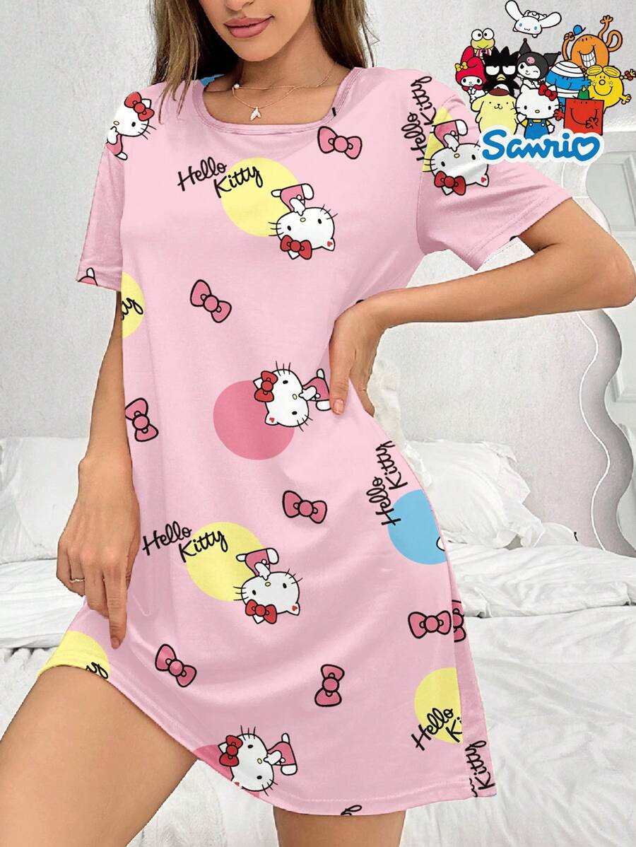 Sanrio Vestido de dormir casual de verano para mujer con cuello redondo y manga corta, estampado con Hello Kitty en color rosa