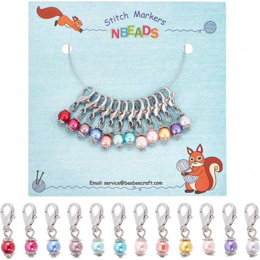 12 Pcs Glass Pearl Stitch Markers Alloy Enamel Crochet Stitch Marker Charms Locking Stitch Marker For Knitting Weaving Sewing Accessories Quilting Jewelry Making