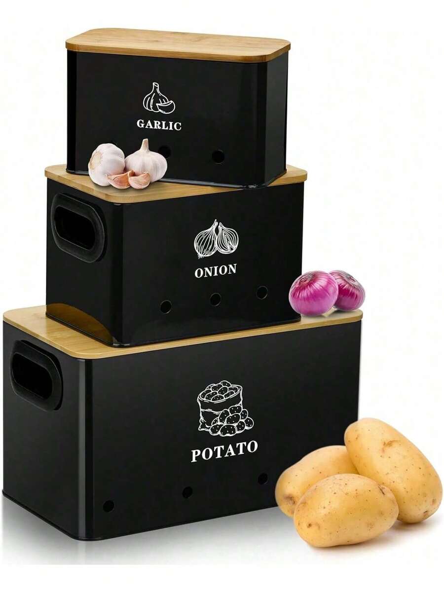 Kartoffelaufbewahrungsbox 3er Set Kartoffelaufbewahrung Küchenaufbewahrung für Kartoffeln hält Gemüse frisch Langer Kartoffeltopf Zwiebeltopf und Knoblauchtopf mit Belüftungslöchern und Griffen