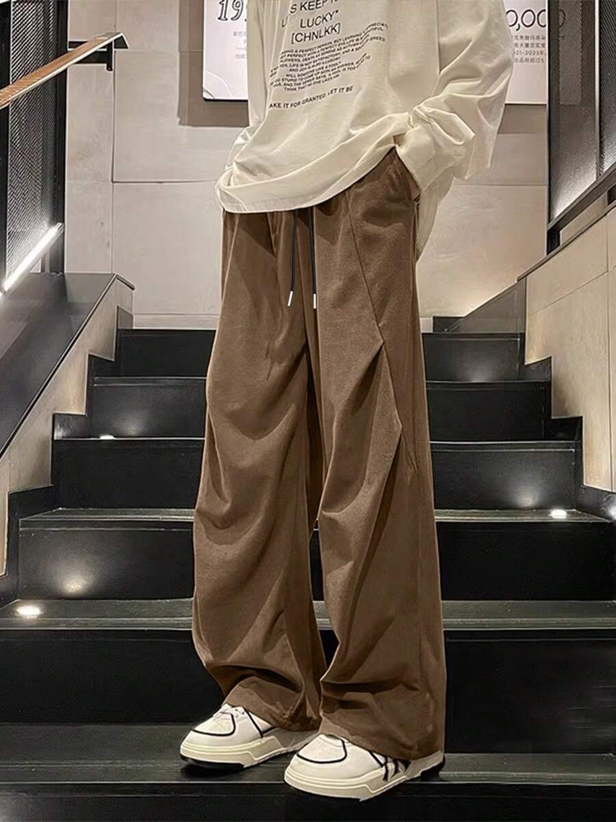 Pantaloni din velur cu picior largi, plisați, pentru bărbați, pantaloni țesuți cu textura uni, lejer, la modă și versatili, primăvară/toamnă