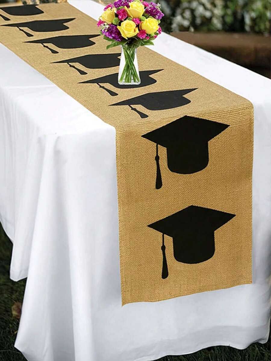 Graduation Decorations 2025 Season Pattern Table Runner Decoration Table Season Dining Table Runner,Graduation Gifts,Indoor & Outdoor ,Congratulations Graduation Table Cover With Hat Pattern,Tablecloth, Rustic Graduation Theme Tablecloth, Decoration, Suitable For Party, Room Decoration
