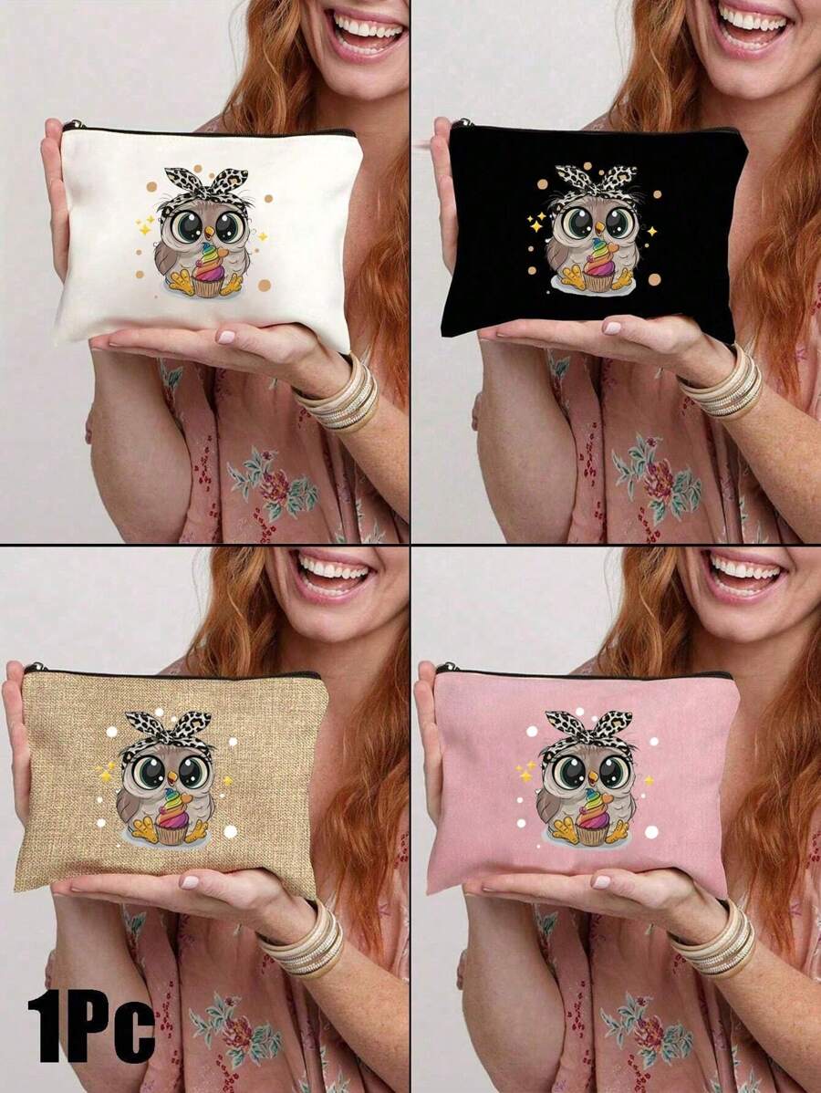 Cute Owl Who Loves Ice Cream Letter Cartoon Printed Cosmetic Bag, Cosmetic Bag, Print Cosmetic Bag, Makeup Bag, Gift For Girls, Cute Retro Simple Fashion Letter Pattern Printed Bag Storage Bag, Cosmetic Pouch For Small Items Storage, Storage Bag Suitable For Personal Travel Cosmetics Storage, For Holiday Beach, Bathroom Collection, Bedroom Collection, Large Capacity