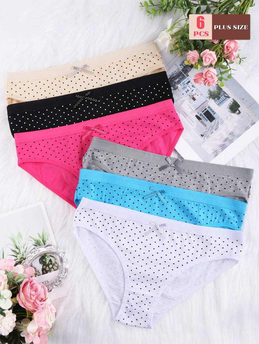 6 paquetes de ropa interior para mujer de talla grande con diseño de lunares y lazos, simple y a la moda, cintura elástica en algodón suave y elástico, apropiado para diversas ocasiones