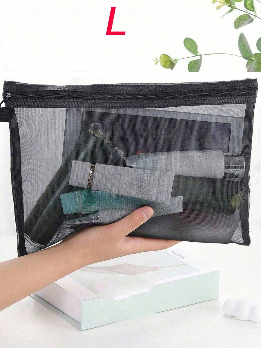 1pc/1set /10pcs/2pcs Back To School Season Black Zipper Handheld Lightweight And Portable Large Capacity Cosmetics Storage Bag Set,Holiday Essentials,Travel Essentials,Data Line Earbuds Storage; Mobile Phone Storage. Beach Bag