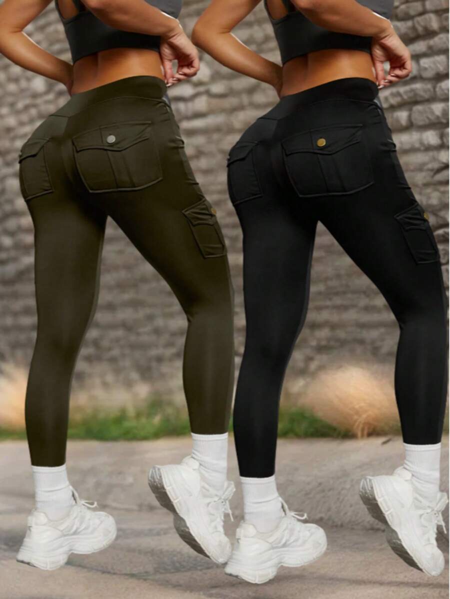 2pcs Women's Outdoor Sport Pants, Multi-Color Elastic High Waist Yoga Leggings With Pockets, Suitable For Cycling, Running, Tennis, Golf, Spring & Summer