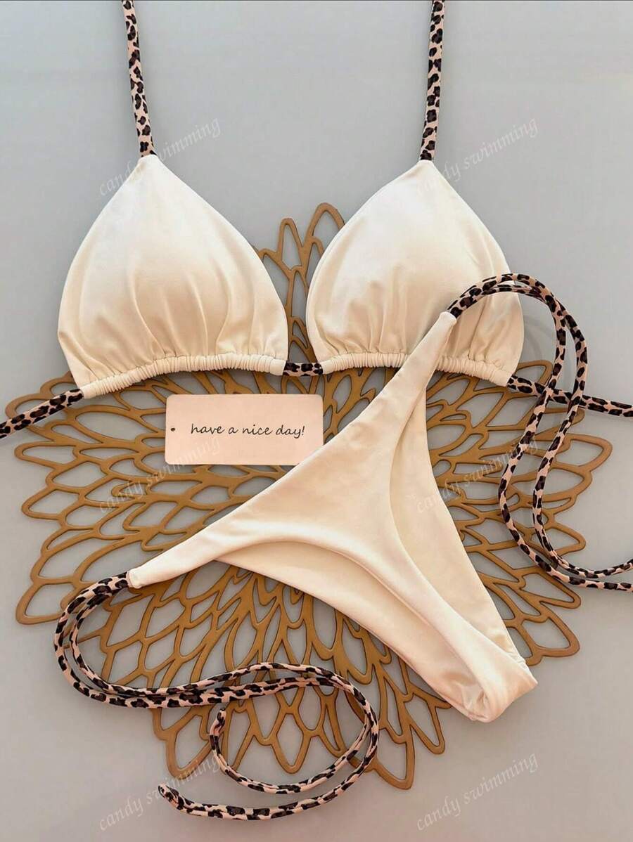 2szt. seksowny halter wiązany z nadrukiem w panterkę damski strój kąpielowy bikini
