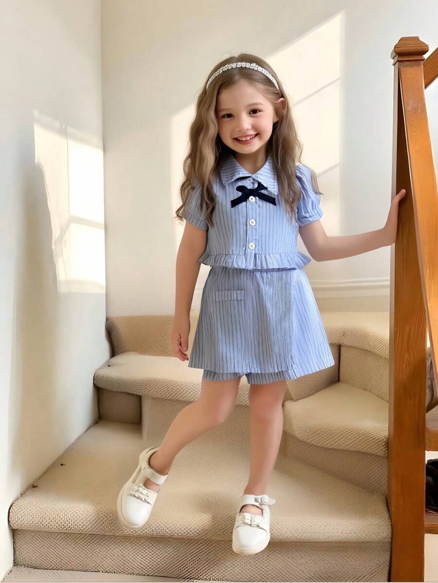 2 Pieces Girls Casual Outfit, College Style Short Blue Striped Shirt And Skort Set