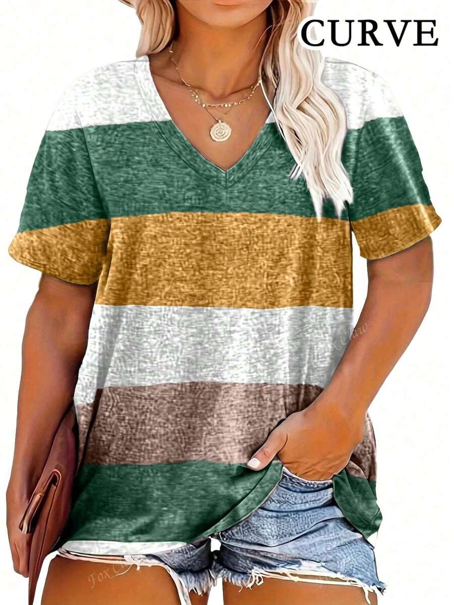 Camiseta casual de talla grande para mujer con cuello en V a rayas