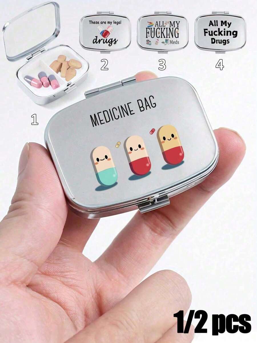 Cute Pill Letter Series Pattern Two Compartment Portable Pill Storage Room, Cute Mini Metal Storage Box, Portable Jewelry And Pill Box, Personalized Creative Gift With Cartoon Logo